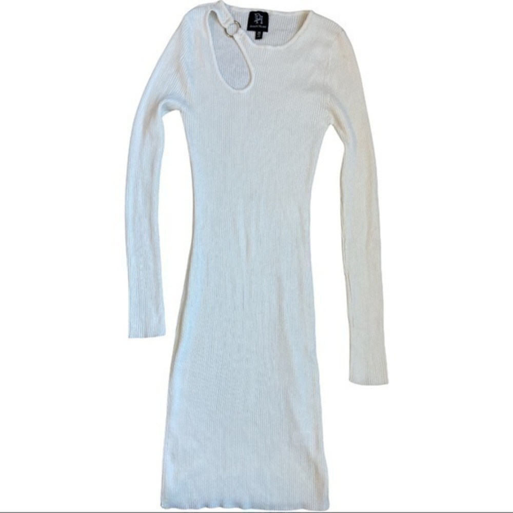 Derek Heart size medium white ribbed silky shimmer dress with keyhole, gold loop